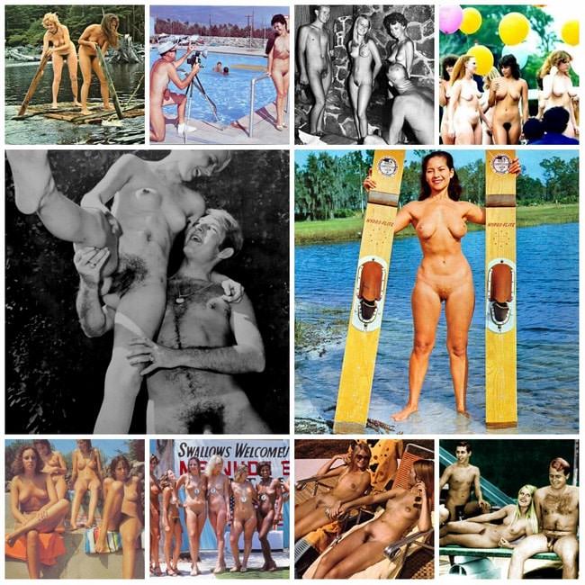 Retro photo adult and young nudists